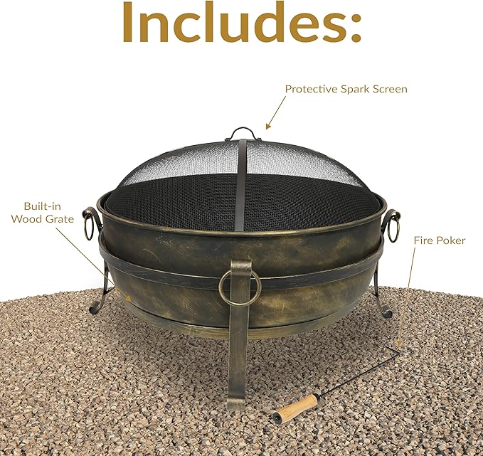 Sunnydaze 34-Inch Large Fire Pit for Outside - Wood-Burning Fire Pit Bowl for Outdoors with Spark Screen Log Poker and Grate