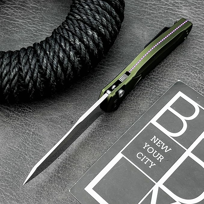 7.7 EDC Folding Knife with D2 Steel Blade Green Aluminum Handle Pocket Knife with Reversible Clip for Outdoor Camping Fishing。