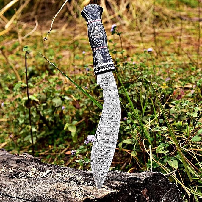 MR. CRAFT Custom Handmade Traditional Kukri Damascus Steel Fixed Blade Knife With Sheath Full Tang Heavy Duty Camping Knives - Gifts for Men (Black Wood &amp Brass Studs)