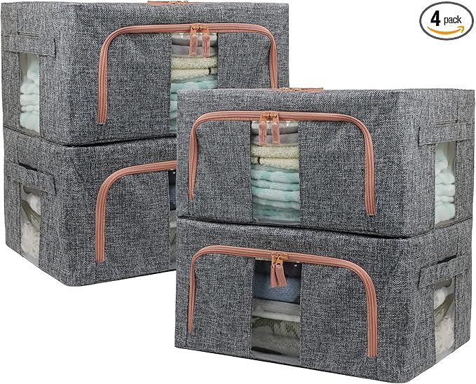 Linen Clothes Storage Bins 4PCS Sturdy Closet Organizers and Storage Bin with Metal Frame 2 Opening Ways Fabric Visible Lidded Storage Box for Organizing ClothingJeansSheets (4PC Gray 22Liters)