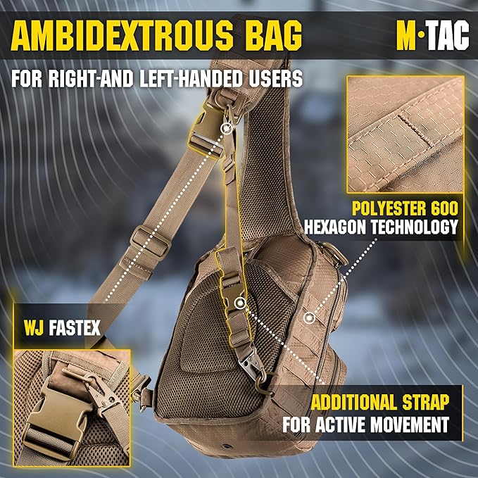 M-Tac Tactical Sling Bag - Concealed Carry Bag for Men Hexagon - One Shoulder Sling Backpack for CCW - Crossbody Sling Pack
