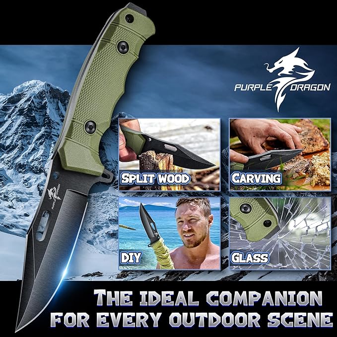 Purple Dragon Fixed Blade Knife with Kydex Sheath Green Ergonomic G10 Handle Gifts for Men