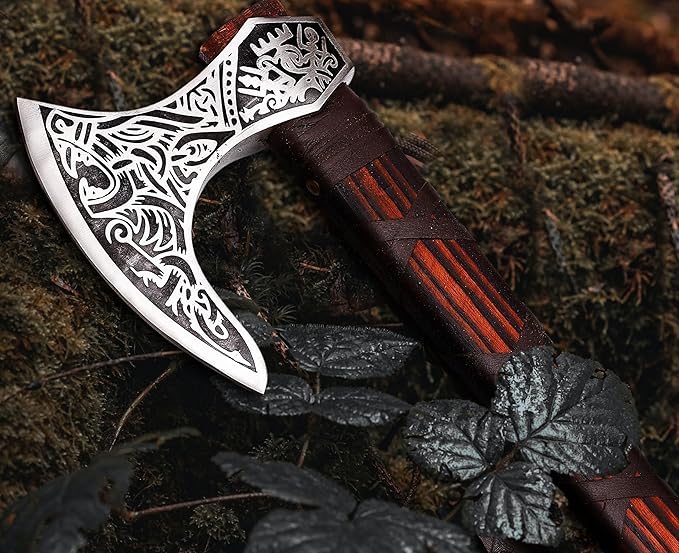 Generic KnifeArt Viking Axe Carbon Steel Blade Viking Style with Leather Wrap Length 22 inches(Brown) Camping Axe