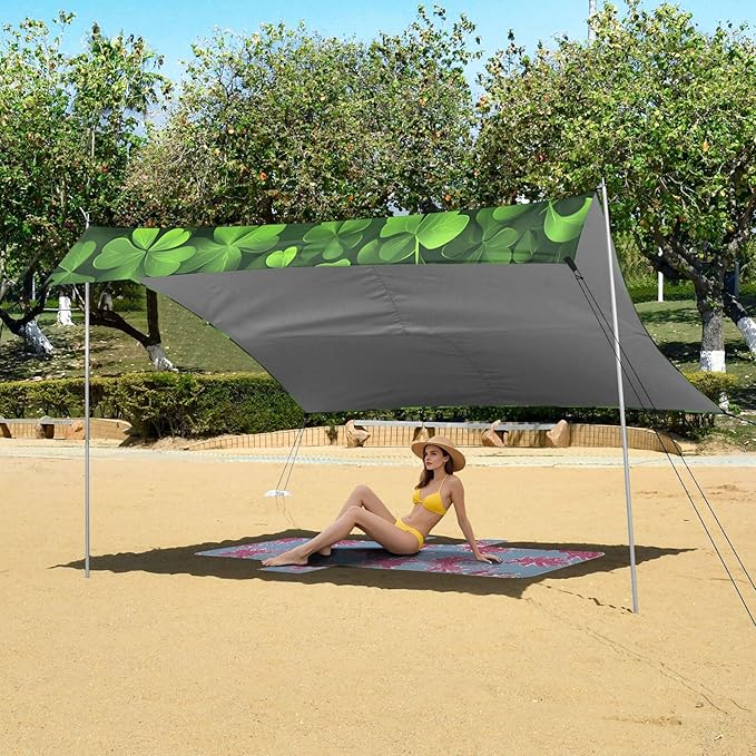 St. Patrick's Day Beach Canopy Sun Shelter with Sandbags &amp Sand Shovel &amp Windproof Ropes - Portable 110x126 Beach Shade Beach Tent for Camping Picnics