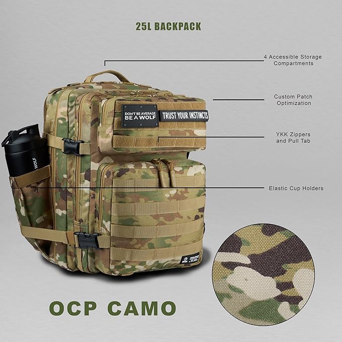 WOLFpak 25L Athletic Gym Backpack (OCP Camo) Durable 1000D Waterproof Oxford Material w/MOLLE Webbing Laptop Pocket &amp Dual Cup Holders Durable Fitness/Travel/Military Daypack