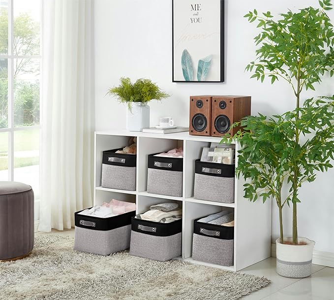 DECOMOMO Storage Baskets for Shelves - Fabric Storage Bins Linen Closet Organizers and Storage (Grey &amp Black XL - 3 Pack)