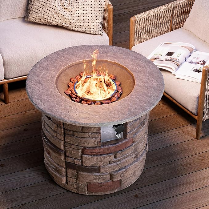 HOMPUS Outdoor Propane Fire Table 32-inch Imitation Stone Concrete with Rain Cover and Lava Rocks - Smokeless 40000 BTU for Patio Garden Deck or Backyard