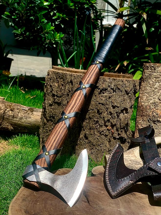 22-Inch Hand-Forged Viking Axe with Sheath Hatchet with Sheath Gift for Men Survival Axe Viking Bearded Camping Axe Ragnar Lothbrok Axe Viking Knives Best Gift Axe (Brown)