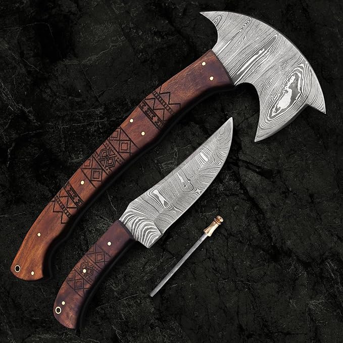 EdgeLandKnives® Hand Forged Tomahawk Throwing Axe and Bushcraft Knife Set Damascus Steel Tomahawk Throwing Axe and Bushcraft Knife Set with Leather Sheath Perfect Combo for Outdoorsmen (EL32)