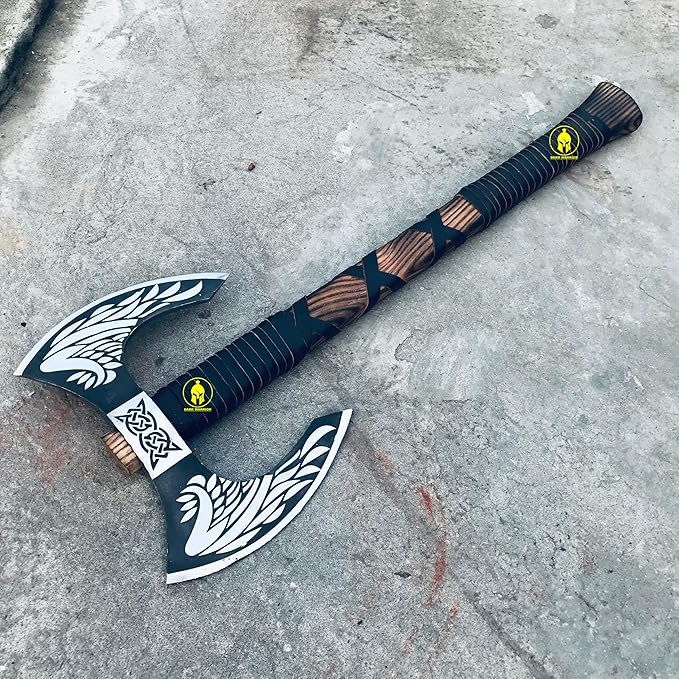DARK WARRIOR- Handmade Viking Double Headed Axe Real Battle Two Sided Twin Blade Axe with Solid Handle Leather Sheath Best Gift for Him Viking Lover.