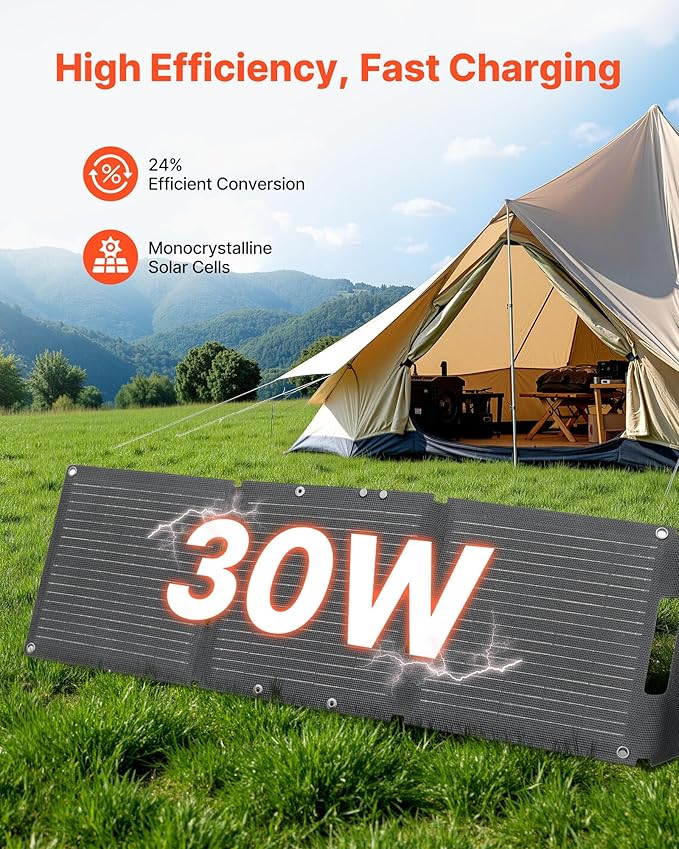 VEVOR 30W Foldable Solar Panel Charger 16BB N-Type Monocrystalline Solar Panel 24% Efficiency Ultra-Light Portable with USB-A USB-A (QC3.0) &amp Type-C Ports for Camping Backpacking Phones Tabl