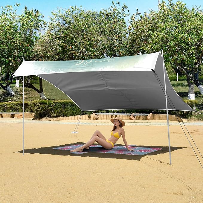 Happy Easter Beach Canopy Sun Shelter with Sandbags &amp Sand Shovel &amp Windproof Ropes - Portable 110x126 Beach Shade Beach Tent for Camping Picnics