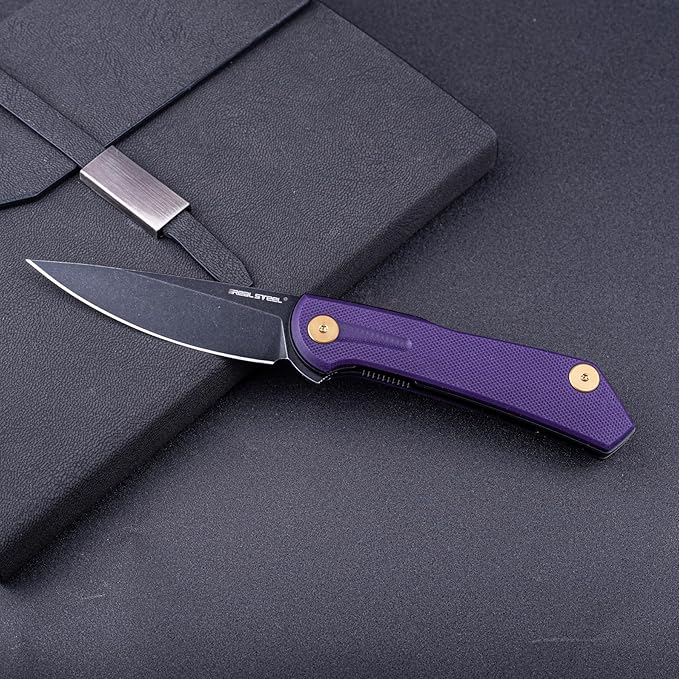 Real Steel VALORE liner lock flipper Pocket Knife - Nitro-V Steel ball bearing  G10 HandleTwo-Bolt Design Language of Poltergeist Works - Perfect for Camping Hiking EDC Cutting Tasks (Pruple G10/