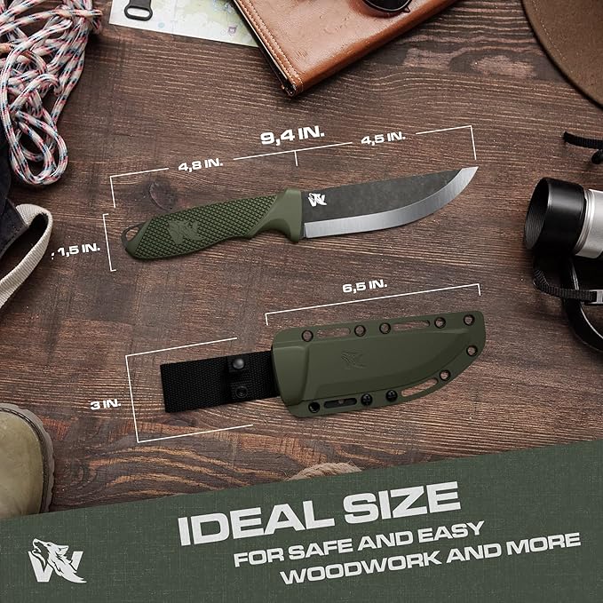 ODENWOLF W-SCANDI Full Tang Survival Knife with Sheath - Stylish Tactical Fixed Blade - Made of D2 Steel - Bushcraft and Camping Knife Survival - Perfect EDC Hunting Knife with TPE Handle