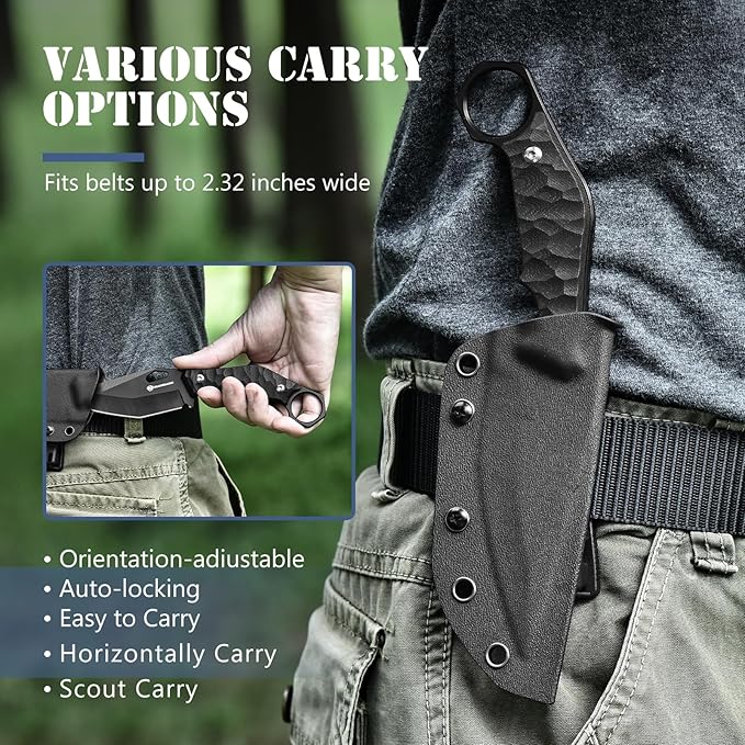 DRACHENADER Survival Knife SEAL-FULL BLACK 9 EDC Fixed Blade Tactical Horizontal Carry Knife for Men with Kydex Sheath 5mm Thick Stainless Steel G10 Anti-Slip Handle Ideal for Gifting Full Black