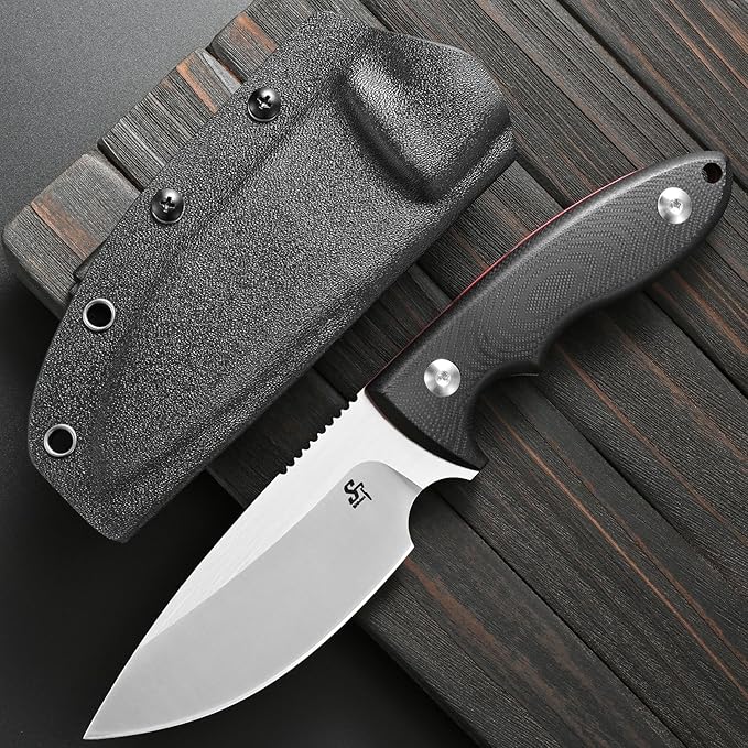 Sitivien ST24 Fixed Blade Knife AUS-8 Black Stonewashed Steel Blade Double Color G10 Handle Full Tang EDC Fixed Knifes for Outdoor Working Camping Hunting Fishing(Black Handle+Silver)