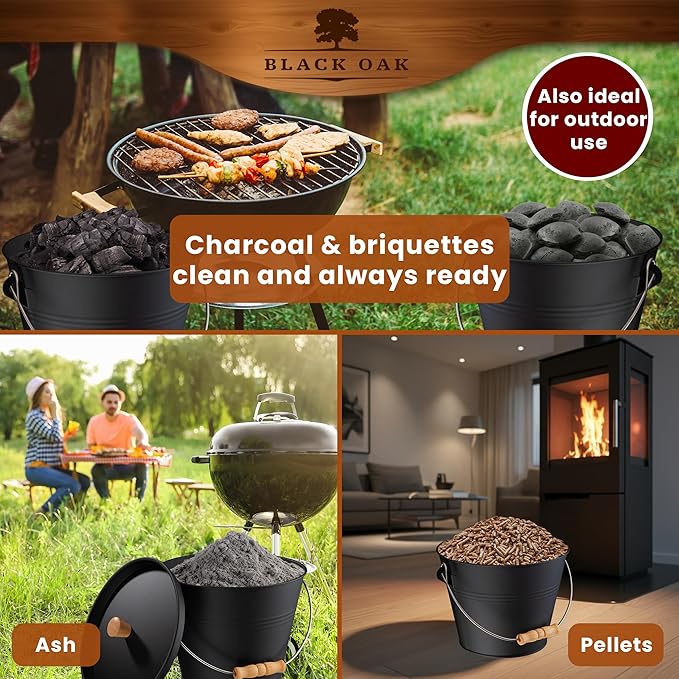 BLACK OAK Ash Bucket Pago 1.5 GAL - Black with lid with Wooden Handle + Brush + Shovel &amp Gloves - 5L Large Steel Fireproof Galvanized &amp Powder-Coated Bucket for ash Coal pellets Modern Desi