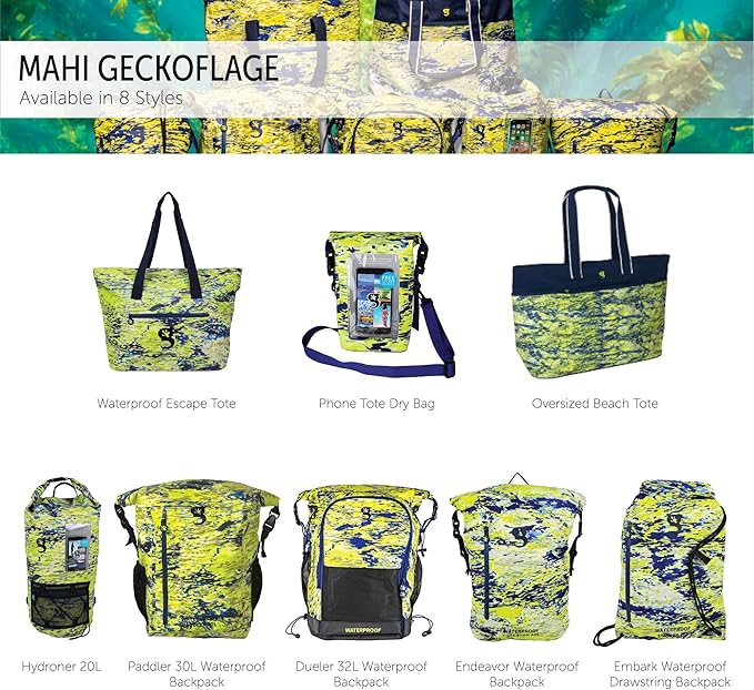 geckobrands Hydroner 20L Waterproof Dry Bag Backpack Mahi geckoflage - Lightweight Travel Bag with Clear Phone Pouch