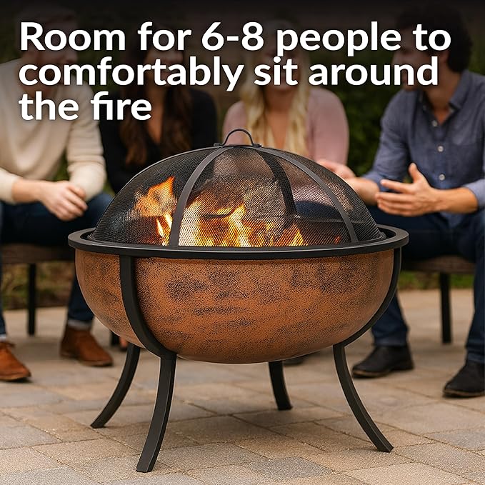 Sunnydaze 32-Inch Copper Fire Pit for Outside - Wood-Burning Fire Pit Bowl with Spark Screen Wood Grate and Poker