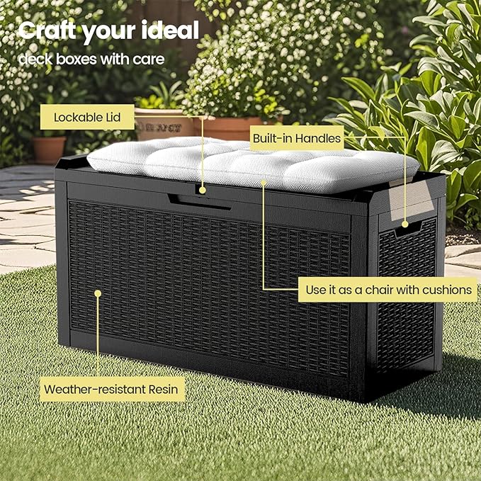 Zapdos Outdoor Storage Box 60 Gallon Deck Box Indoor and Outdoor Use Waterproof Resin Rattan Storage Bin for Package Storage Patio Cushions Gardening Tools Fade Resistant Lockable Black