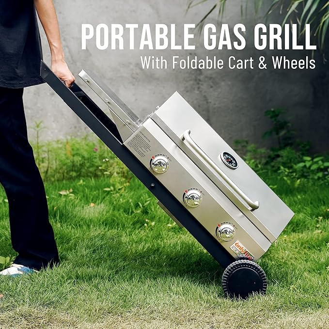 BBQ Gas Grill 3-Burner with Foldable Cart &amp Side Table Premium Portable Propane Grill with 22 Cooking Grate for Outdoor Patio Backyard Barbecue Camping Tailgating RV Stainless Steel Classic GS