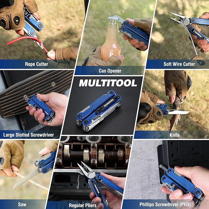 WORKPRO 2-in-1 Folding Knife/Utility Knife - Gifts for Dad &amp 18-in-1 Multi Tool Pliers Blue