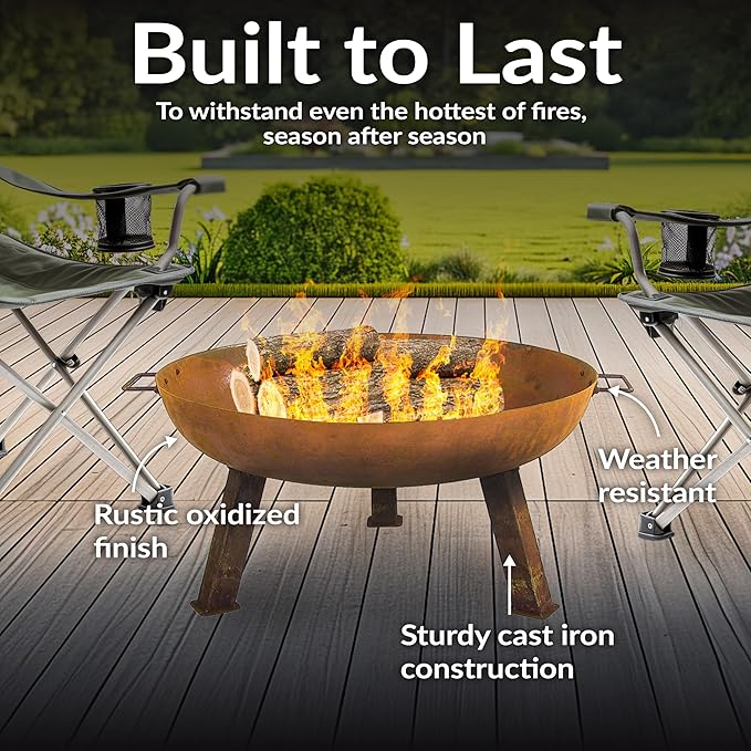 Sunnydaze 30-Inch Cast Iron Heavy Duty Fire Pit for Outside - Wood Burning Outdoor Fire Pit Bowl with Handles - Rust