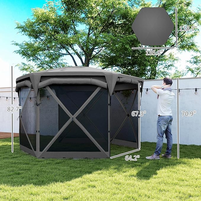 11x11ft Quality Construction Pop-Up Gazebo Screen Tent with Removable Roof Cover and Retractable Wind Panels in Dark Gray