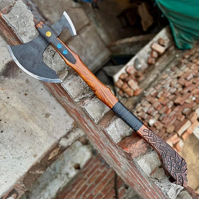 Handmade Viking Kratoss War Replica Battle AxeTwo Handed Large Vikings Axe Cosplay Real Hatchet Solid Fenrir Engraved Wood Handle SkardeNorse Mythology 38