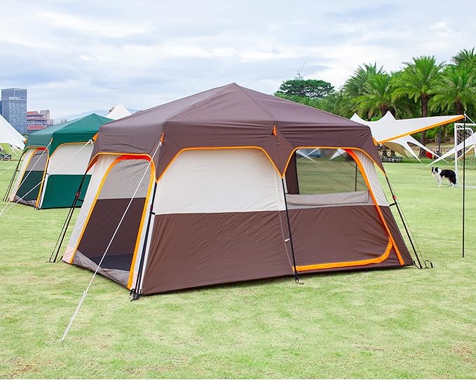 KTT Extra Large Tent 6-10-12-14 Person(A)Family Cabin Tents2 Rooms3 Doors and 3 Windows with MeshStraight WallWaterproofDouble LayerBig Tent for OutdoorPicnicCampingFamily Gathering