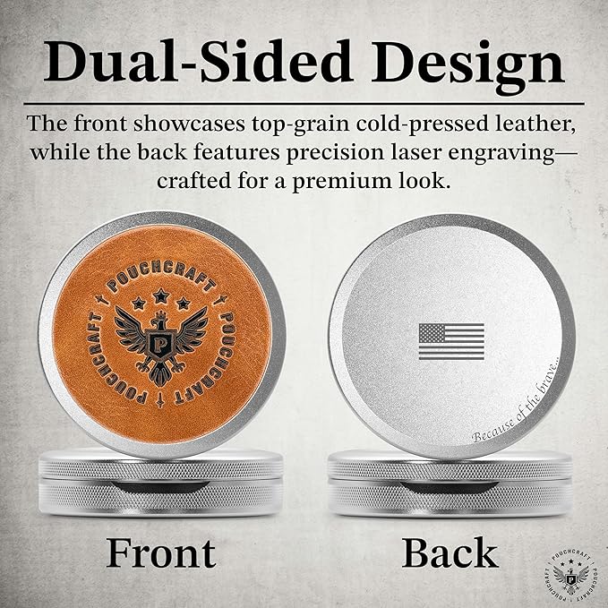 Leather-Faced Metal Pouch Can | Aluminum Container for Pouches with Removable Silicone Divider | Airtight O-Ring Moisture Odor Proof EDC Pocket Tin | Insignia Edition (Silver)