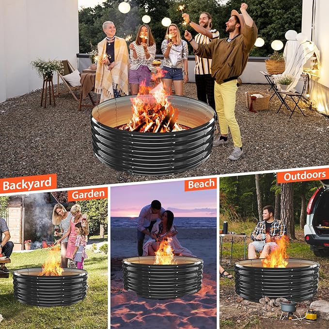 YSEJOMP 48 Inch Round Galvanized Fire Pit Ring/Fire Ring - Foldable and Perfect for Outdoor Gatherings and Campfires in The Yard/Garden/Park/Beach (Black+Gray 4 FT Diameter+1.5 FT Tall)