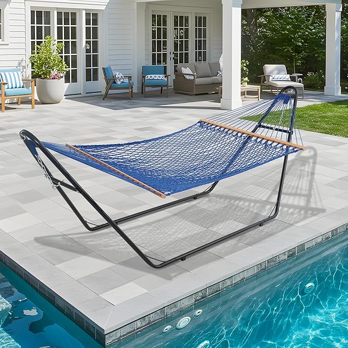 Lazy Daze Hammocks 12FT Double Rope Hammocks 2 Person Hand Woven Cotton Hammock with Spreader Bar for Outside Patio Poolside FIT 13-15 FT Stand Max 450 Lbs Blue 141 x 57 inches