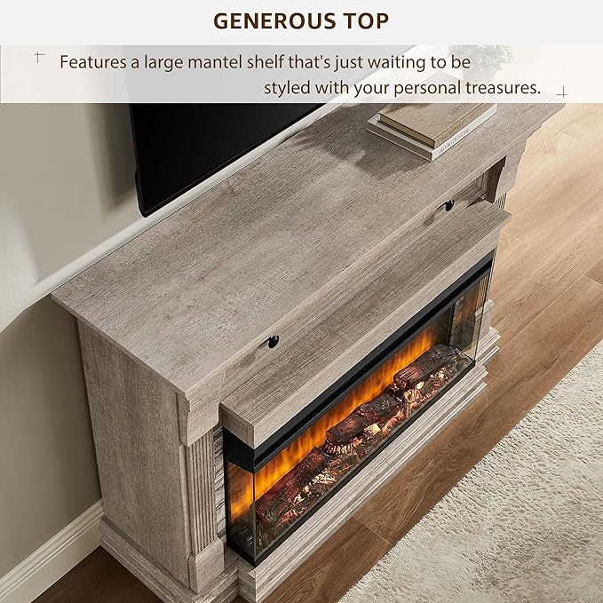 OKD 52 Inch Electric Fireplace with Mantel Fireplace TV Stand with 36 3-Sided Glass Electric Fireplace Heater for Living Room (Light Rustic Oak)