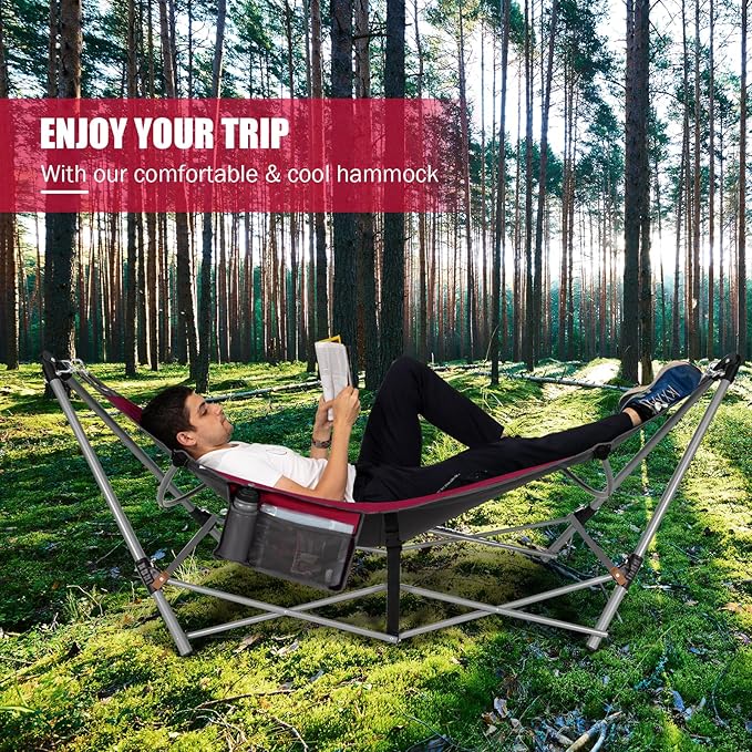 Portable Folding Hammock w/Side Pocket Lounge Camping Bed w/Metal Stand &amp Anti-tip Buckles Outdoor Camping Hammock with Carrying Bag for Patio Garden Yard Easy Assembly (Red)