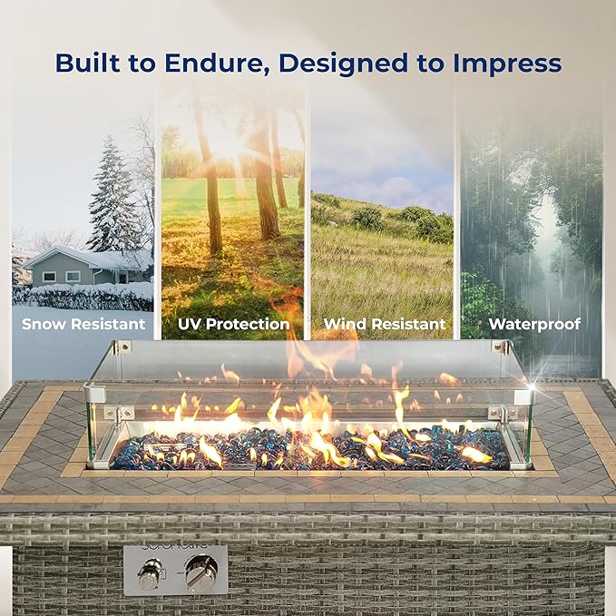 SereneLife Sturdy Wicker Base Propane Fire Pit Table with Tile Top Patio Heater &amp Propane Heater Sliding Door Stainless Steel Burner Tempered Glass Wind Guard 50000 BTU Weather Resistant