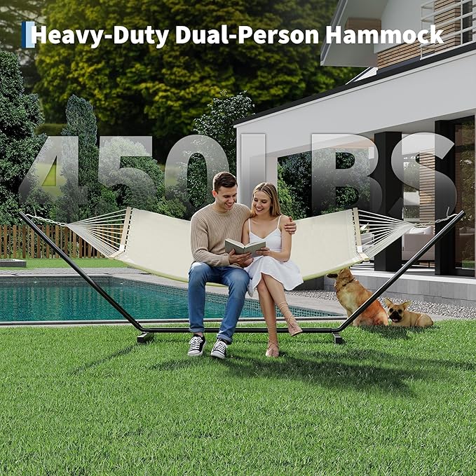 2 Person Outdoor Hammock with Stand 450LBS Capacity Heavy Duty Hammock with Carrying Bag &amp Soft Pillow Portable Indoor Outdoor Hammock Perfect for Backyard Patio Beach