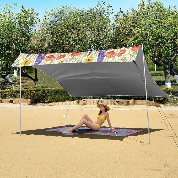 Wildflowers Beach Canopy Sun Shelter with Sandbags &amp Sand Shovel &amp Windproof Ropes - Portable 110x126 Beach Shade Beach Tent for Camping Picnics