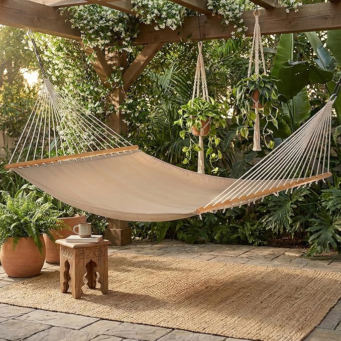 Fab Habitat Solid Recycled Polyester Hammock - Fargo - Khaki - Indoor/Outdoor Quick Dry 2 Person 460 lbs Capacity - Patio Poolside Backyard Garden Beach Balcony - 12-14 ft Adjustable