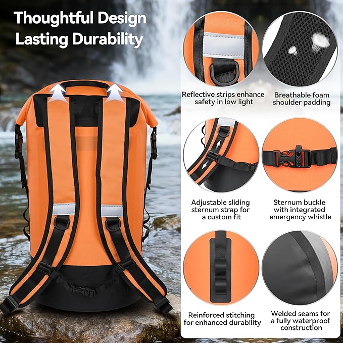 MARCHWAY Floating Roll Top Dry Bag Flexible Lightweight TPU Waterproof Backpack 20L/30L/40L with Padded Straps for Boating Kayaking Swimming Hiking Beach (Orange 40L)