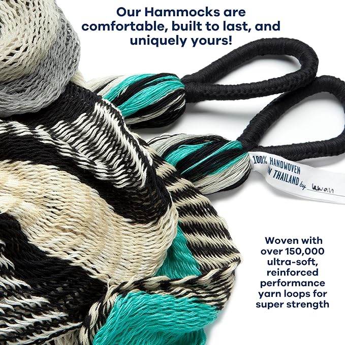 Handwoven Hanging Chair by Yellow Leaf Hammocks - Fits 1 Person 330lb Max - Kick Back for Full-Body Recline - Weathersafe Ultra Soft Hang Anywhere - Color: Turquoise - Black -White
