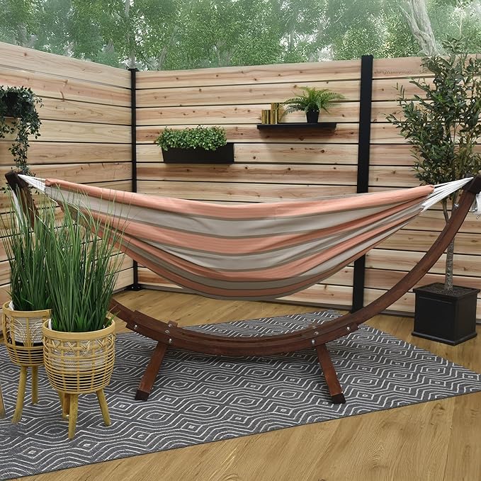 Vivere Double Cotton Hammock with Solid Pine Arc Stand - 450 lb Capacity Durable FSC Wood Frame Includes Hardware &amp User Guide - 450 lb Weight Capacity (Cameo)