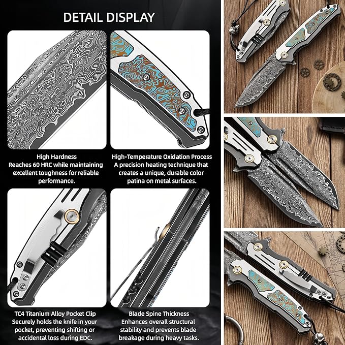 Damascus Steel Folding Knife HRC 60 Pocket Knife for Men 67-Layer Damascus Steel Folding Knife Pocket Knives Hunting Knifes Gift for Boyfriend who Loves Hunting Camping Essentials Men Gifts