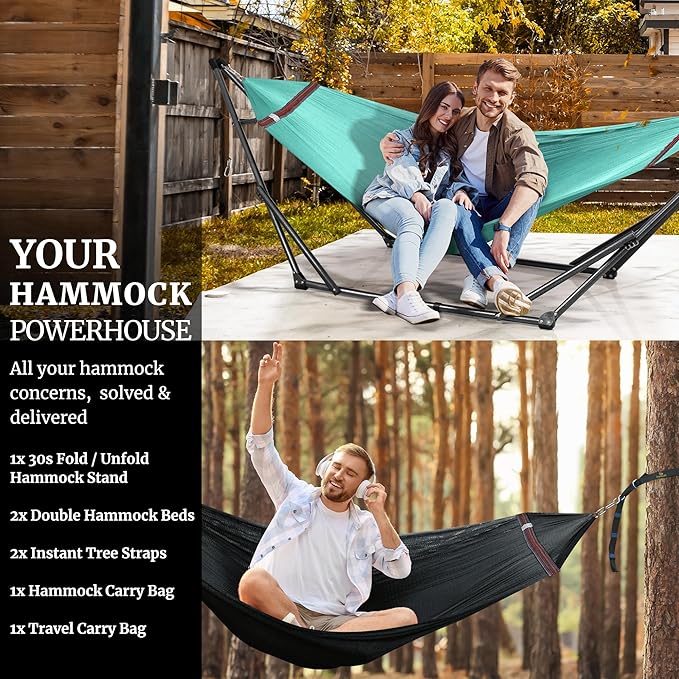 Tranquillo Combo x2 Hammocks with Stand for Outside &amp Tree Straps Heavy Duty Hammock with Stand 600lbs for Indoor Outdoor Patio Backyard x2 Hammocks for 2 Person (Combo - Sky Medium)