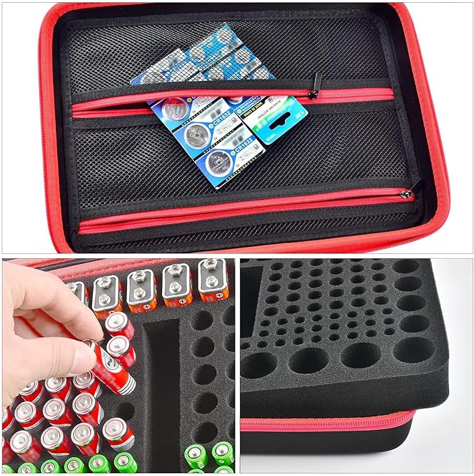 Boobowl Battery Organizer Case with Tester - Universal Storage Box for 162+ AA AAA C D 9V &amp Button Cells - Fire-Preventive Foam Design for Home Emergency &amp Garage Organization (Red)