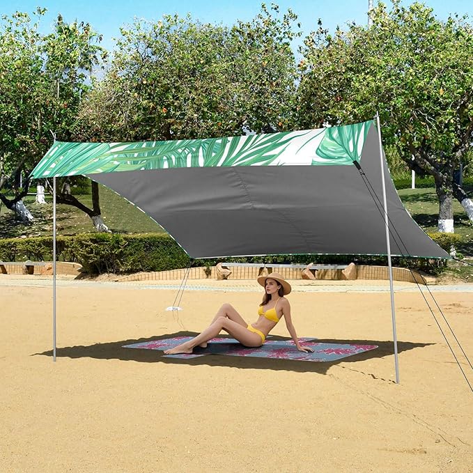 Leaf Beach Canopy Sun Shelter with Sandbags &amp Sand Shovel &amp Windproof Ropes - Portable 110x126 Beach Shade Beach Tent for Camping Picnics