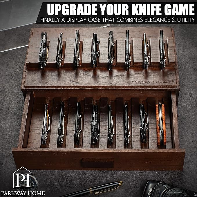 Pocket Knife Display Case for 16 Knives - Wooden Knife Collection Case Clear Cover - Two-Tier Knife Cases for Collections with a Removable Drawer Insert for Other EDC Items EDC Case - Brown