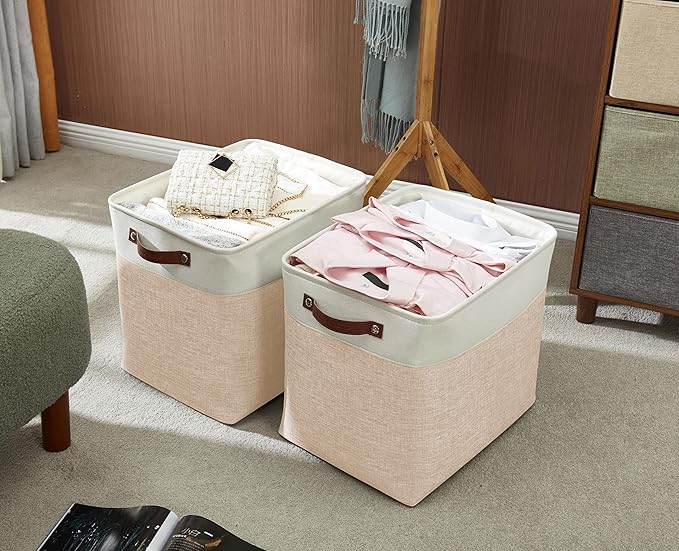 DECOMOMO Extra Large Storage Baskets 54.5L Fabric Storage Bins for Organizing Linen Closet Nursery (Khaki &amp White XXXL - 3 pack)