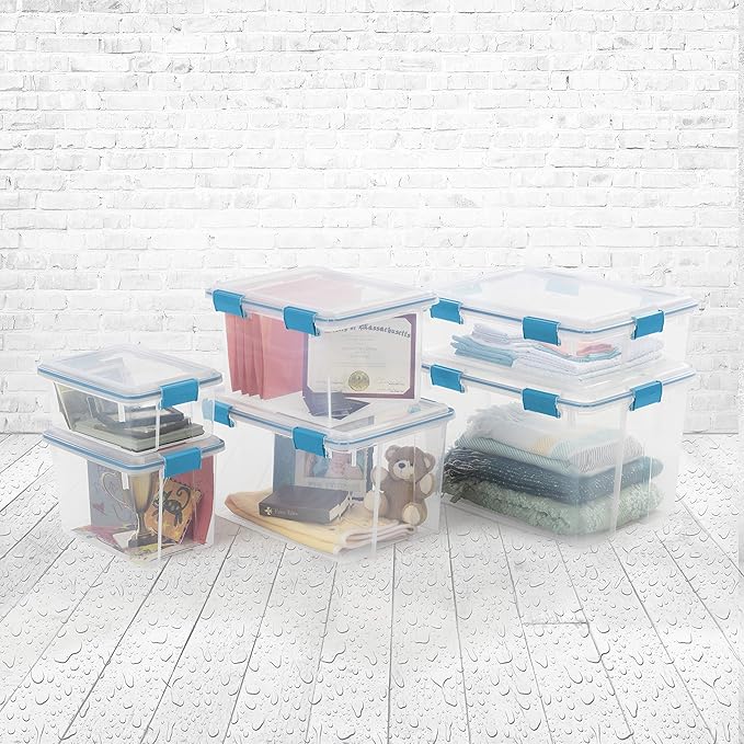 Sterilite 37 Qt Gasket Box Stackable Storage Bin with Latching Lid and Tight Seal Plastic Container to Organize Underbed Clear Base and Lid 4-Pack