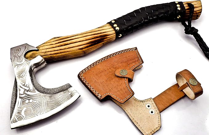 NOORAKI 17 Camping Axe Hatchet Tomahawk | Handmade Damascus Carbon Steel Hunting Viking Axe Chopping Axe Throwing Axe Gardening &amp Bushcraft Axe for Outdoor Wood | Viking Gifts for Men with She